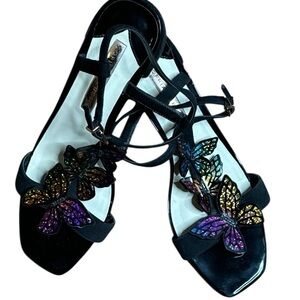 Sophia Webster Black Leather Butterfly Embellished Sandals Size 38.5